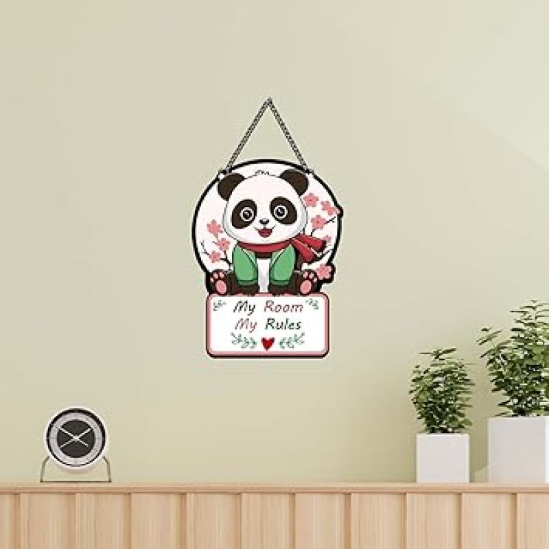 Cute Panda My Room My Rules Wooden Wall Hanging Art Decoration For Living Room & Bedroom Decorative Item For Home Decoration