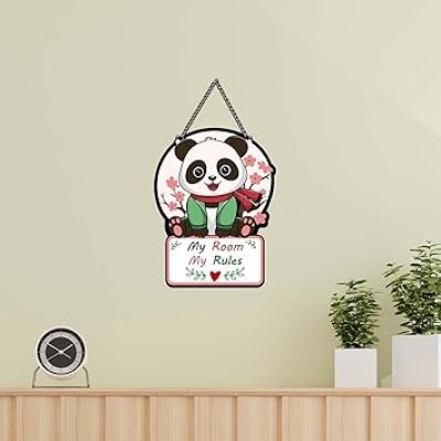 Cute Panda My Room My Rules Wooden Wall Hanging Art Decoration For Living Room & Bedroom Decorative Item For Home Decoration