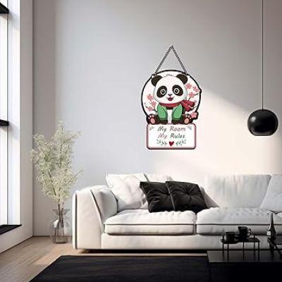 Cute Panda My Room My Rules Wooden Wall Hanging Art Decoration For Living Room & Bedroom Decorative Item For Home Decoration