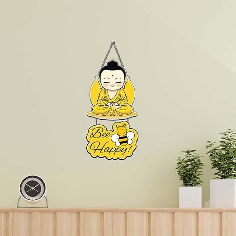 Buddha Positive Vibe Wall Hanging Be Happy Positive Quote MDF Wall Decor For Bedroom, Living Room, Kids Room Wall Artwork For Hall Decor
