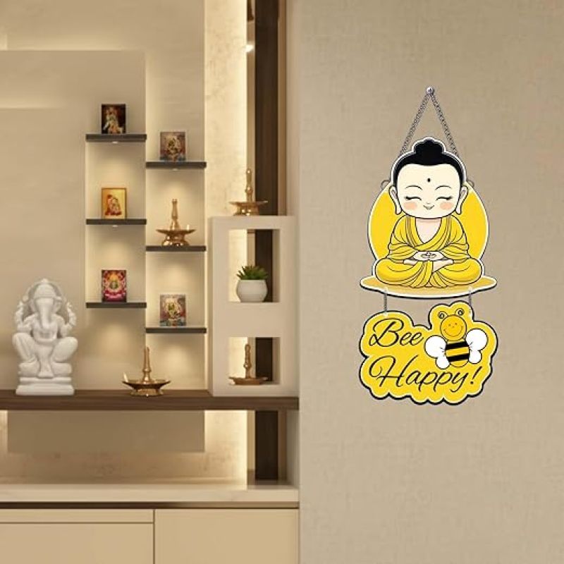 Buddha Positive Vibe Wall Hanging Be Happy Positive Quote MDF Wall Decor For Bedroom, Living Room, Kids Room Wall Artwork For Hall Decor