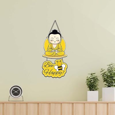 Buddha Positive Vibe Wall Hanging Be Happy Positive Quote MDF Wall Decor For Bedroom, Living Room, Kids Room Wall Artwork For Hall Decor