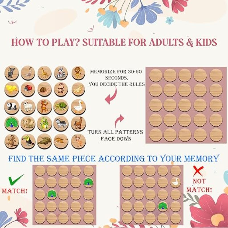 Animal Matching Memory Game for Toddlers Age 3 + Year Old Preschool Wooden Card Games for Kids | Learning & Education Toys | Birthday Return Gift