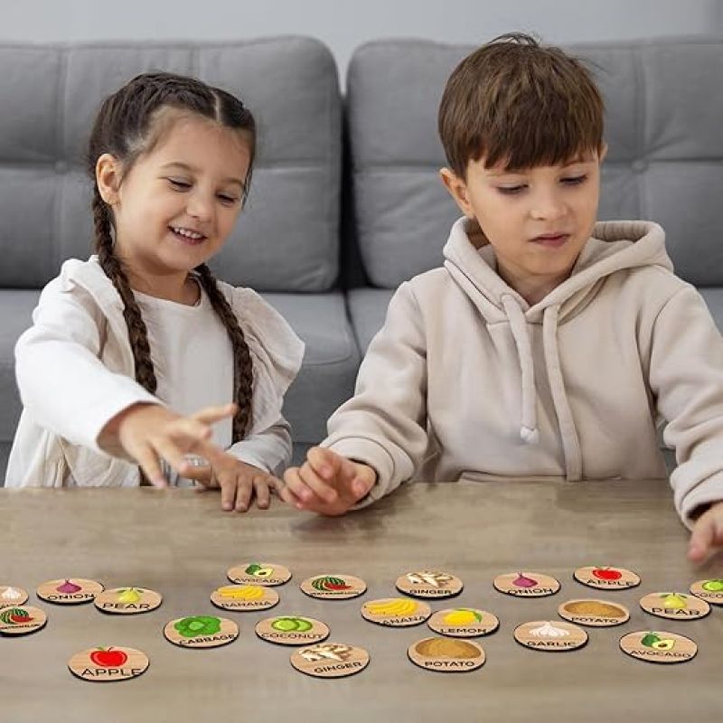32 pcs Fruits and Vegetables Matching Memory Game for Toddlers Age 3 + Year Old Preschool Wooden Card Games for Kids Learning & Education Toys Birthday Return Gift