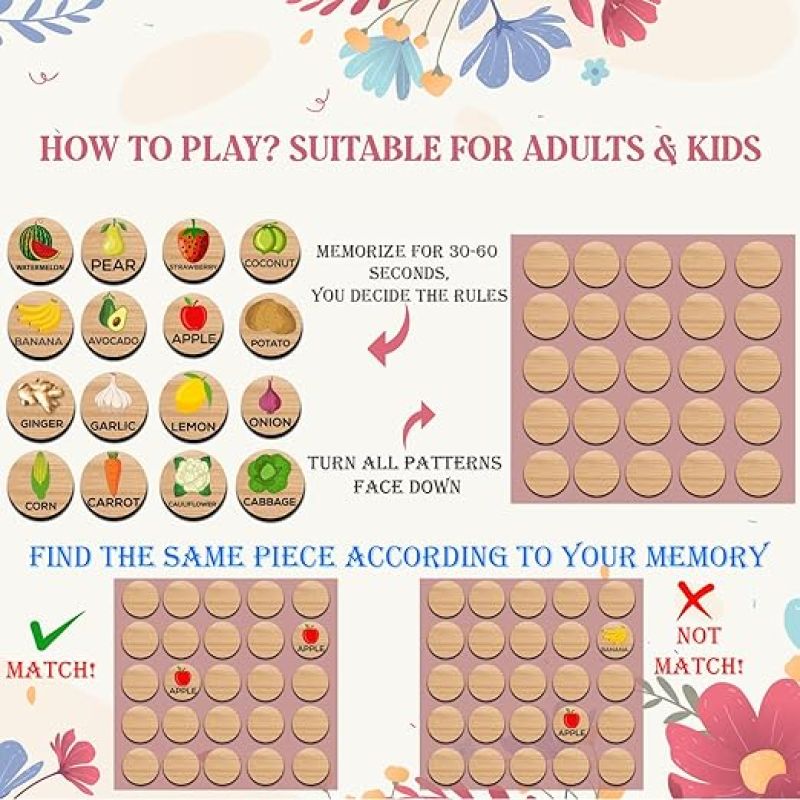 32 pcs Fruits and Vegetables Matching Memory Game for Toddlers Age 3 + Year Old Preschool Wooden Card Games for Kids Learning & Education Toys Birthday Return Gift