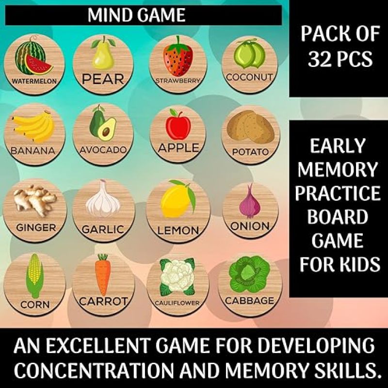 32 pcs Fruits and Vegetables Matching Memory Game for Toddlers Age 3 + Year Old Preschool Wooden Card Games for Kids Learning & Education Toys Birthday Return Gift