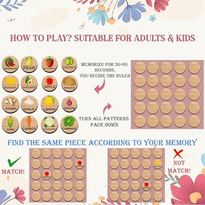 32 pcs Fruits and Vegetables Matching Memory Game for Toddlers Age 3 + Year Old Preschool Wooden Card Games for Kids Learning & Education Toys Birthday Return Gift