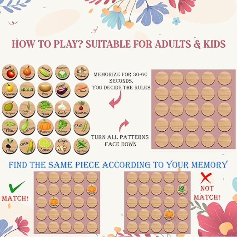 Vegetables Matching Memory Game for Toddlers Age 3 + Year Old Preschool Wooden Card Games for Kids Learning & Education Toys Birthday Return Gift