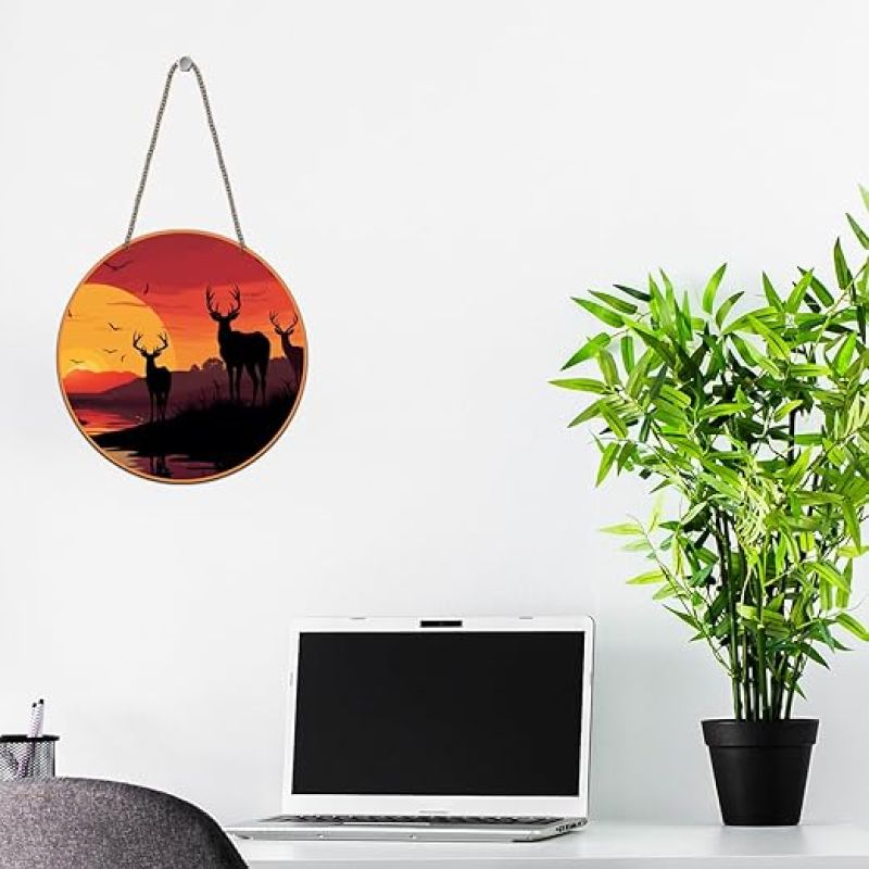 Wooden Deer Animal Wall Hanging Sunset Scenery Wall Art Decor For Living Room Bedroom Home Decor Office Nature Wall Decoration