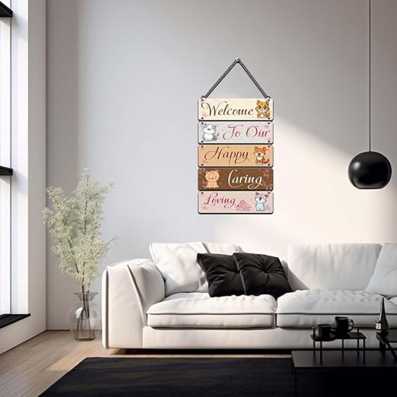 Welcome To Our Happy Caring Loving Home Wall Hanging For Living Room, Bedroom Animal Theme Wall Decor Housewarming Decoration Positive Vibes Home Decor Wall Art for Entryway