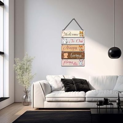 Welcome To Our Happy Caring Loving Home Wall Hanging For Living Room, Bedroom Animal Theme Wall Decor Housewarming Decoration Positive Vibes Home Decor Wall Art for Entryway