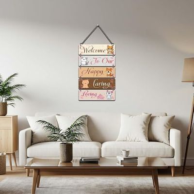 Welcome To Our Happy Caring Loving Home Wall Hanging For Living Room, Bedroom Animal Theme Wall Decor Housewarming Decoration Positive Vibes Home Decor Wall Art for Entryway