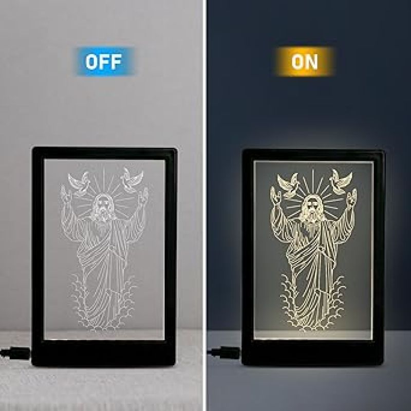 3D Illusion Jesus Christ Photo Frame with Warm White Light Gift for Christian Friend Christmas Home Decor Light Religious Decor LED Night Lamp