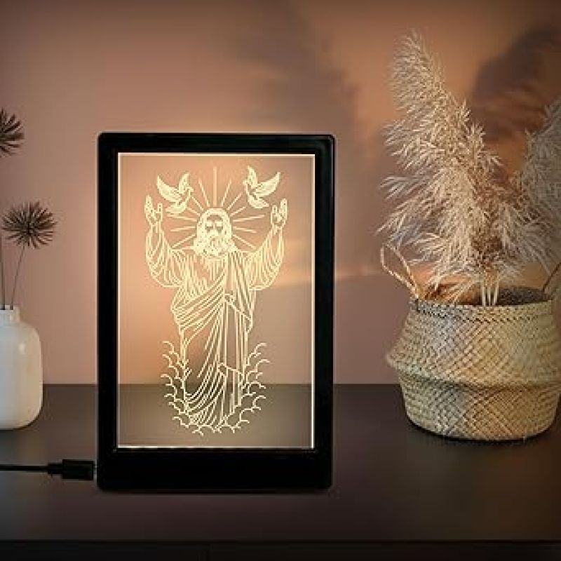 3D Illusion Jesus Christ Photo Frame with Warm White Light Gift for Christian Friend Christmas Home Decor Light Religious Decor LED Night Lamp