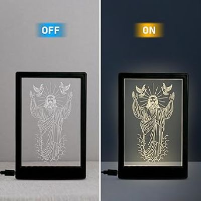 3D Illusion Jesus Christ Photo Frame with Warm White Light Gift for Christian Friend Christmas Home Decor Light Religious Decor LED Night Lamp