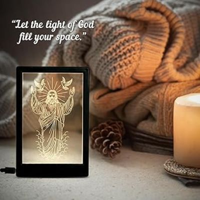3D Illusion Jesus Christ Photo Frame with Warm White Light Gift for Christian Friend Christmas Home Decor Light Religious Decor LED Night Lamp