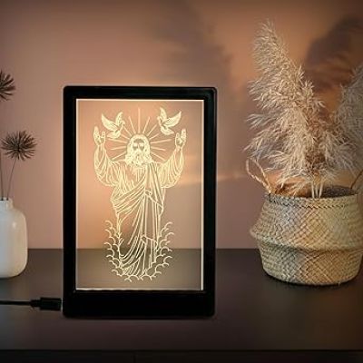 3D Illusion Jesus Christ Photo Frame with Warm White Light Gift for Christian Friend Christmas Home Decor Light Religious Decor LED Night Lamp