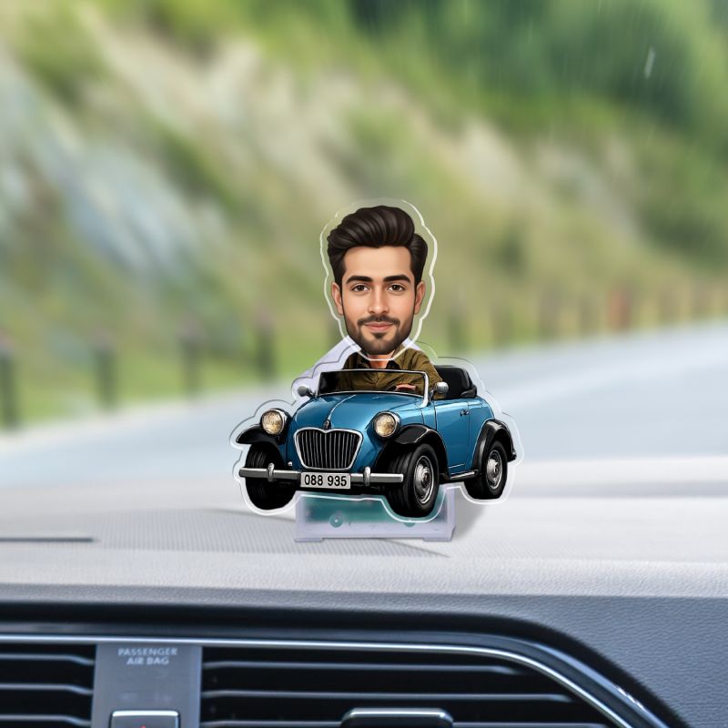 Personalized Caricature Car Standee, Custom Face Photo Cutout with Shaking Head, Battery Powered Bobblehead Showpiece for Tabletop & Car Dashboard Gift for Brother, Boss & Friends