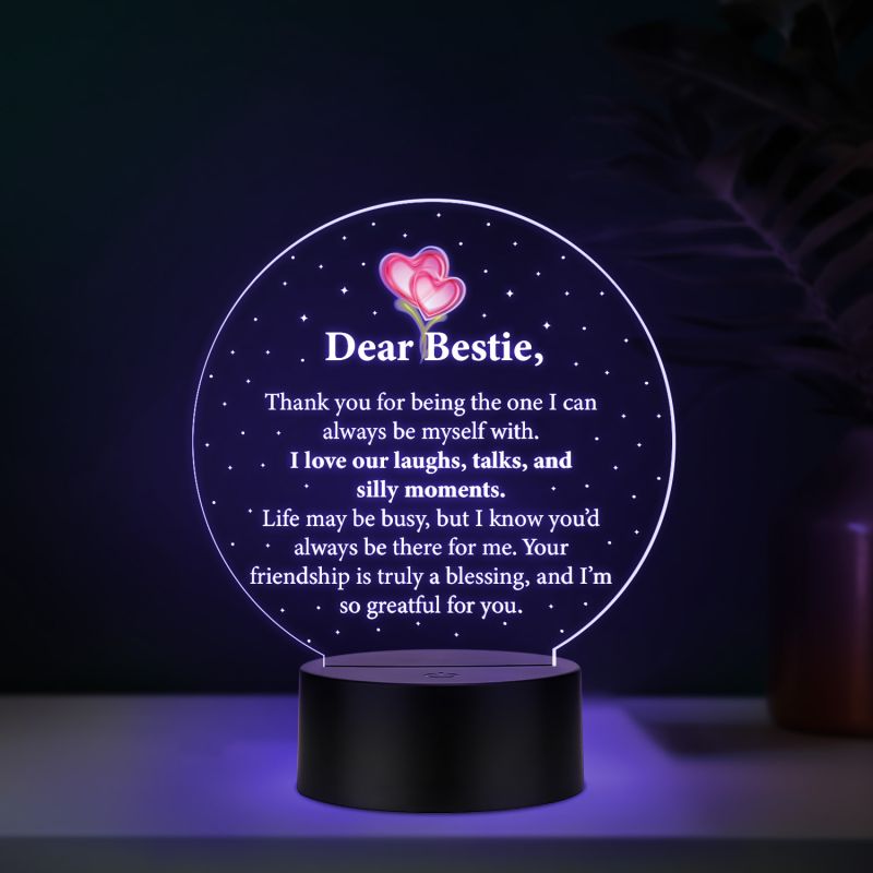 Dear Bestie LED Night Lamp with Heartfelt Friendship Message Automatic Color Changing Light Birthday Gift for Bestie
