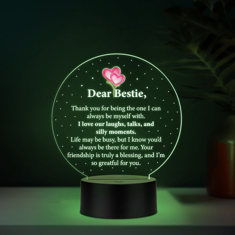Dear Bestie LED Night Lamp with Heartfelt Friendship Message Automatic Color Changing Light Birthday Gift for Bestie