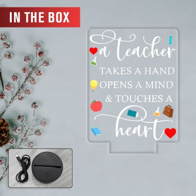 Teacher Appreciation LED Night Light, A Teacher Takes a Hand Opens a Mind Touches a Heart Quote, Warm White Acrylic Lamp with Black Base, Thankyou Gift for Teacher Desk Decor Gift