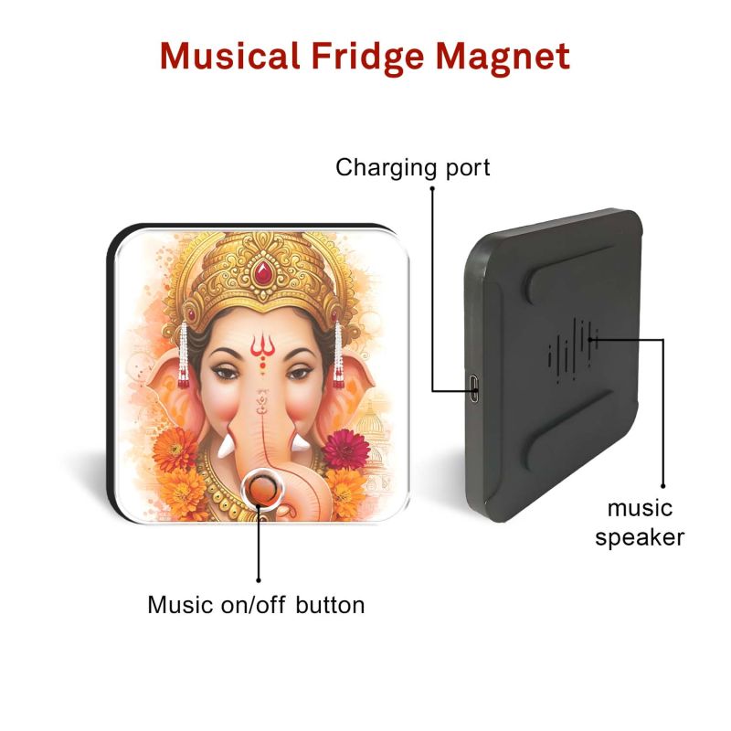 Musical Ganesh Ji Fridge Magnet with Vakrtund Mahakaye Mantra Ganesh Mantra Playing Magnet for Home, Office & Car Devotional Gift Item Spiritual Return Gift