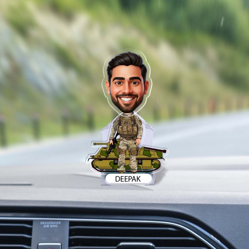 Personalized Indian Army Officer Bobblehead Caricature Standee  Custom with Face Cutout & Name Battery Powered Moving Head  Home & Office Table Decor  Gift for Army Man