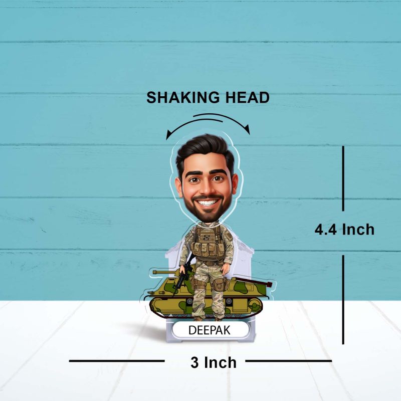 Personalized Indian Army Officer Bobblehead Caricature Standee  Custom with Face Cutout & Name Battery Powered Moving Head  Home & Office Table Decor  Gift for Army Man