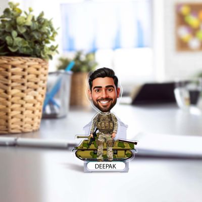 Personalized Indian Army Officer Bobblehead Caricature Standee  Custom with Face Cutout & Name Battery Powered Moving Head  Home & Office Table Decor  Gift for Army Man