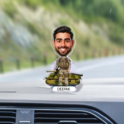 Personalized Indian Army Officer Bobblehead Caricature Standee  Custom with Face Cutout & Name Battery Powered Moving Head  Home & Office Table Decor  Gift for Army Man