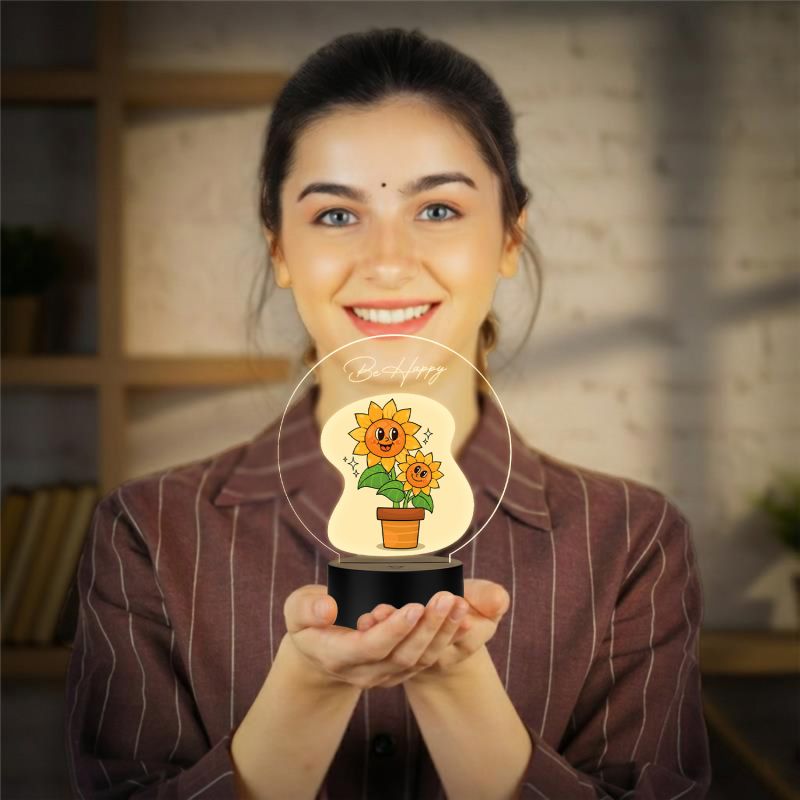 Inspirational Quote LED Night Lamp with Warm White Light Flower Design Theme Decorative Acrylic Light Motivational Study Table Lamp (Be Happy)