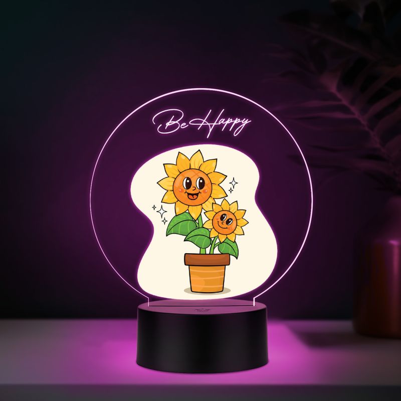 3D Illusion Flower Theme Design LED Night Lamp with Automatic Color Changing Light Motivational Desk Decor | Study Table Lamp (Be Happy)