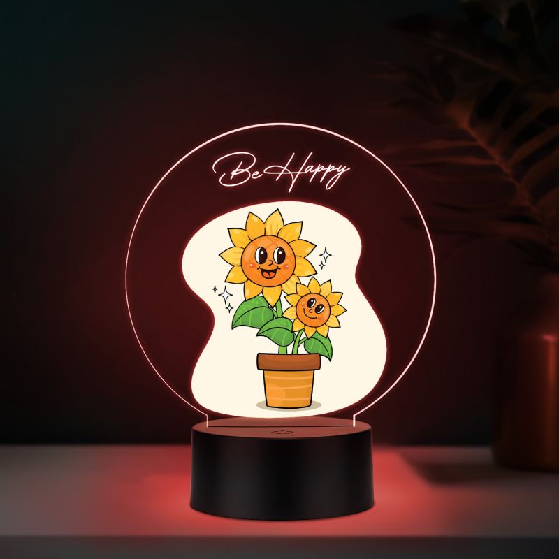 3D Illusion Flower Theme Design LED Night Lamp with Automatic Color Changing Light Motivational Desk Decor | Study Table Lamp (Be Happy)