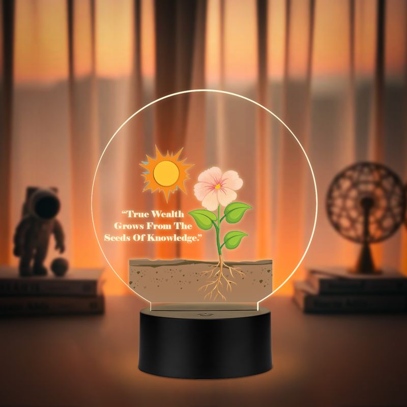 Inspirational Quote LED Night Lamp with Warm White Light Flower Design Theme Decorative Acrylic Light Motivational Study Table Lamp (True Wealth)