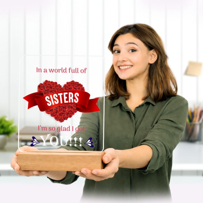 I’m So Glad I Got You” Acrylic Heart Plaque – Inspirational Birthday Gift for Sister with Wooden Base