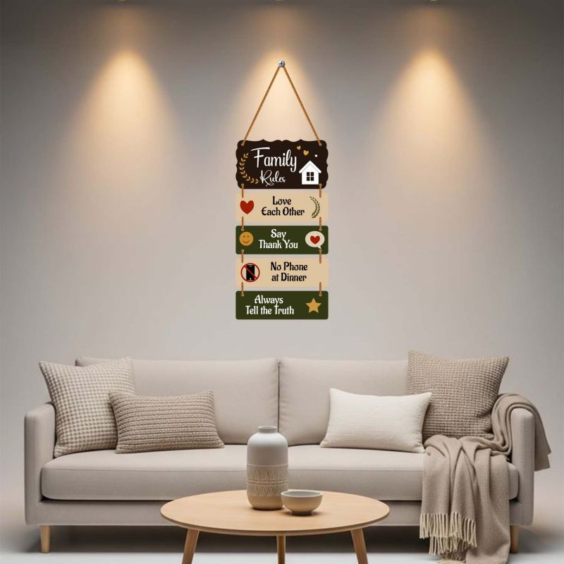 Wooden Family Rules Wall Hanging Motivational Home Wall Art for Living Room & Dining Area