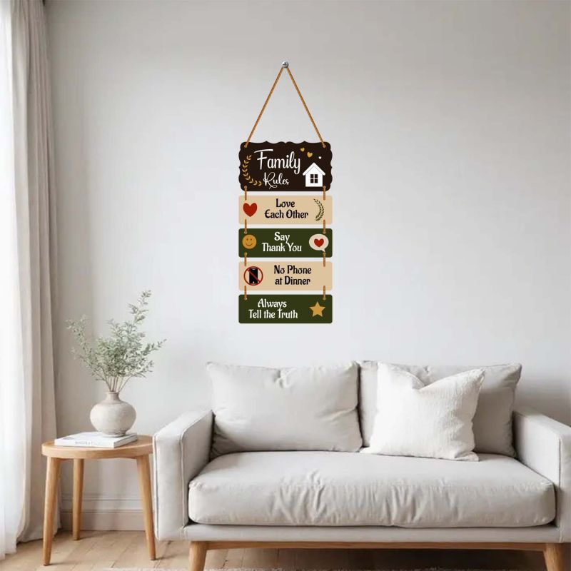 Wooden Family Rules Wall Hanging Motivational Home Wall Art for Living Room & Dining Area