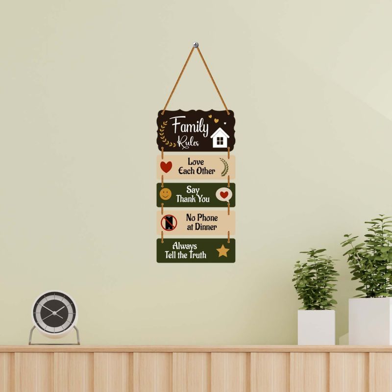 Wooden Family Rules Wall Hanging Motivational Home Wall Art for Living Room & Dining Area