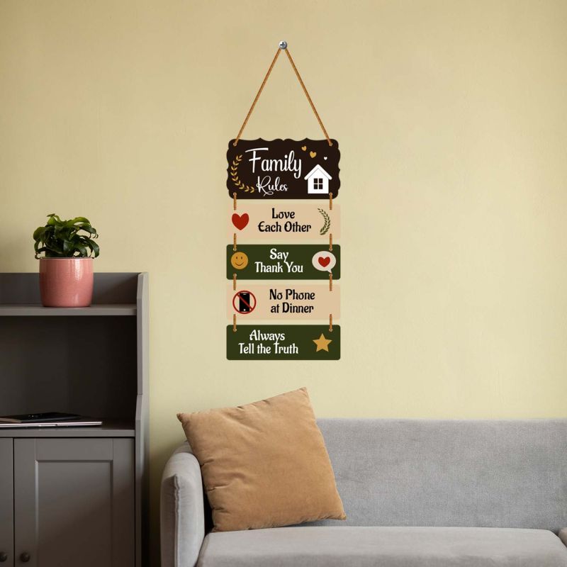 Wooden Family Rules Wall Hanging Motivational Home Wall Art for Living Room & Dining Area