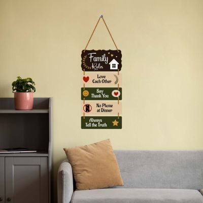 Wooden Family Rules Wall Hanging Motivational Home Wall Art for Living Room & Dining Area