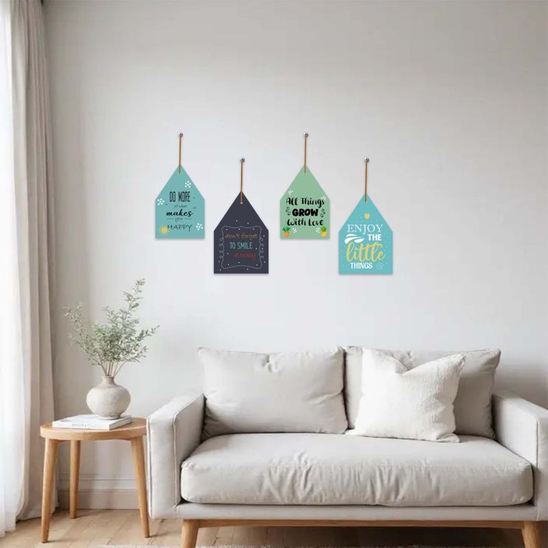 Set of 4 House-Shaped Motivational Wall Hangings Inspirational Wood Decor for Home & Office