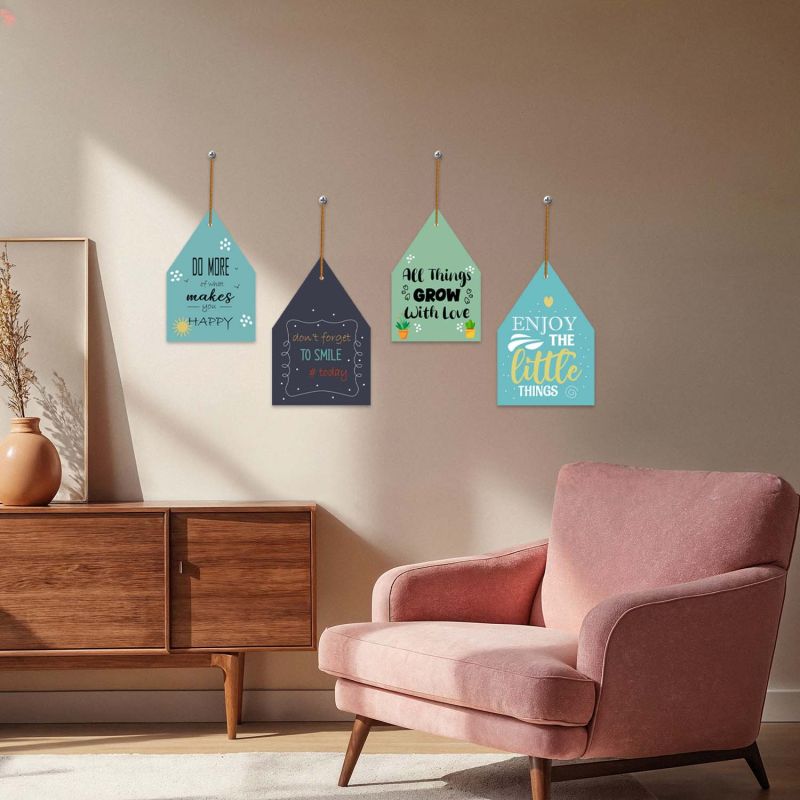 Set of 4 House-Shaped Motivational Wall Hangings Inspirational Wood Decor for Home & Office