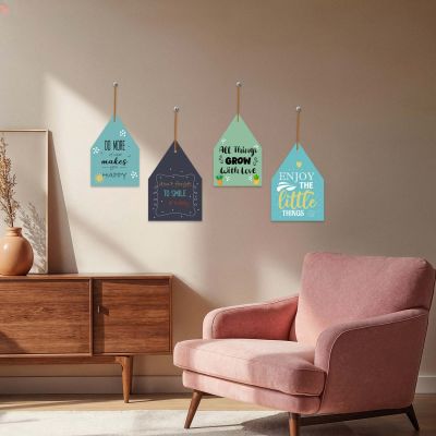 Set of 4 House-Shaped Motivational Wall Hangings Inspirational Wood Decor for Home & Office