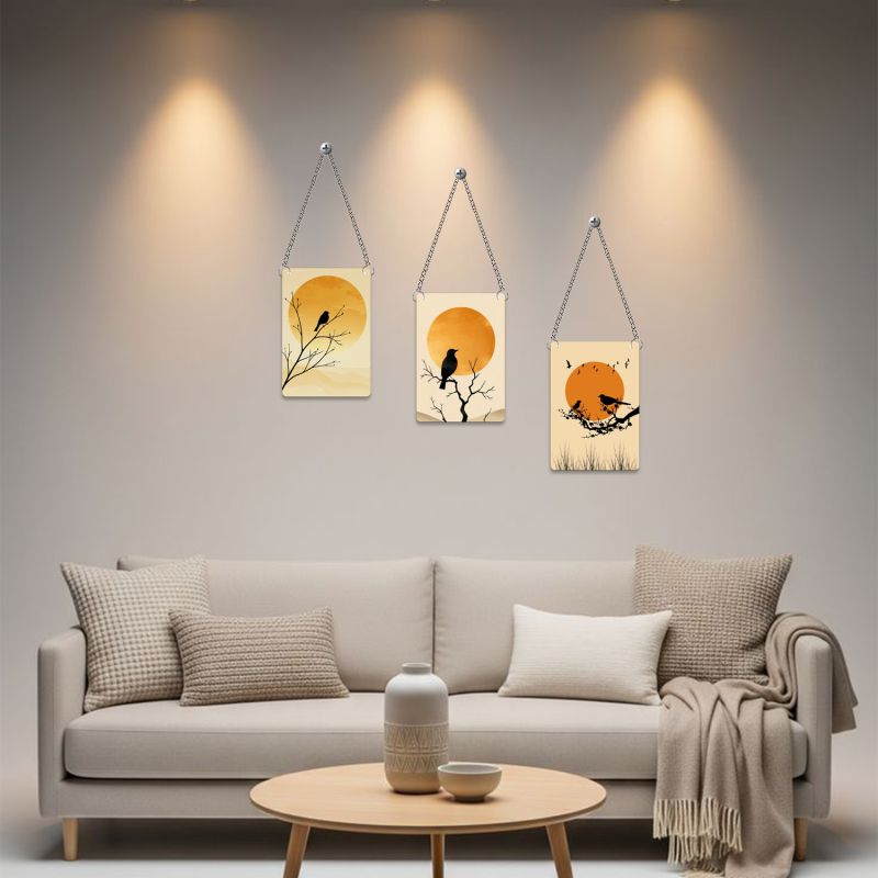 Set of 3 Bird & Sunset Wooden Wall Decor – Modern Boho Nature Art