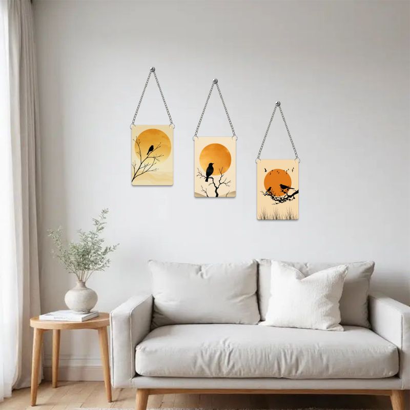 Set of 3 Bird & Sunset Wooden Wall Decor – Modern Boho Nature Art