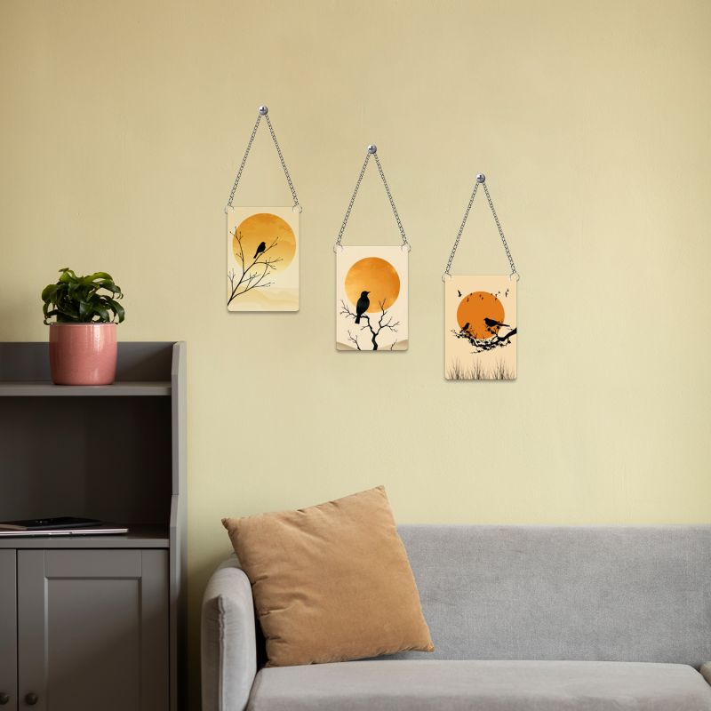 Set of 3 Bird & Sunset Wooden Wall Decor – Modern Boho Nature Art