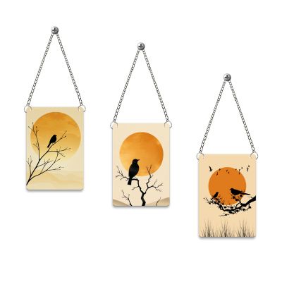 Set of 3 Bird & Sunset Wooden Wall Decor – Modern Boho Nature Art