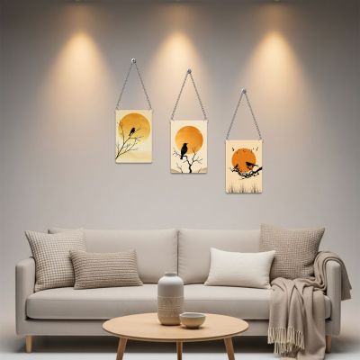 Set of 3 Bird & Sunset Wooden Wall Decor – Modern Boho Nature Art
