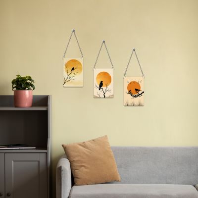 Set of 3 Bird & Sunset Wooden Wall Decor – Modern Boho Nature Art