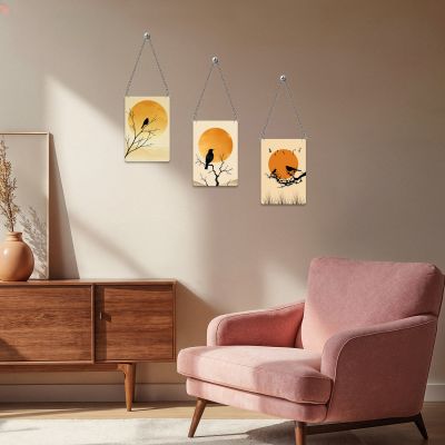 Set of 3 Bird & Sunset Wooden Wall Decor – Modern Boho Nature Art